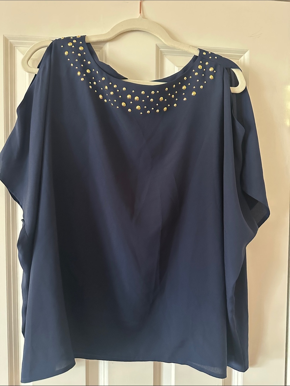 Lilly Pulitzer navy blue open sleeve top with gold stud embellishments